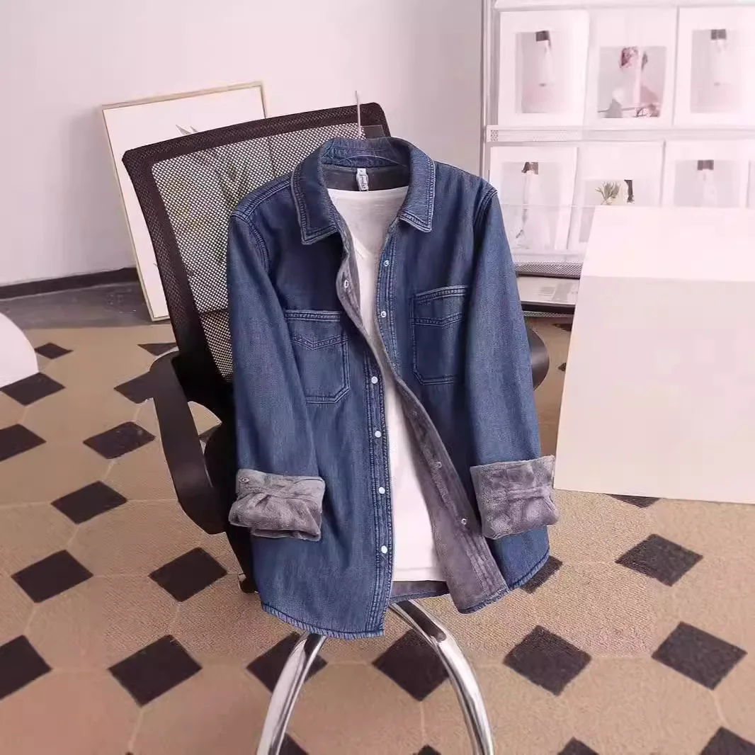 Denim Shirt Women Thick Top Winter 2025 Washed Single Breasted Turn Down Collar Pockets Female Vintage Streetwear Overshirt