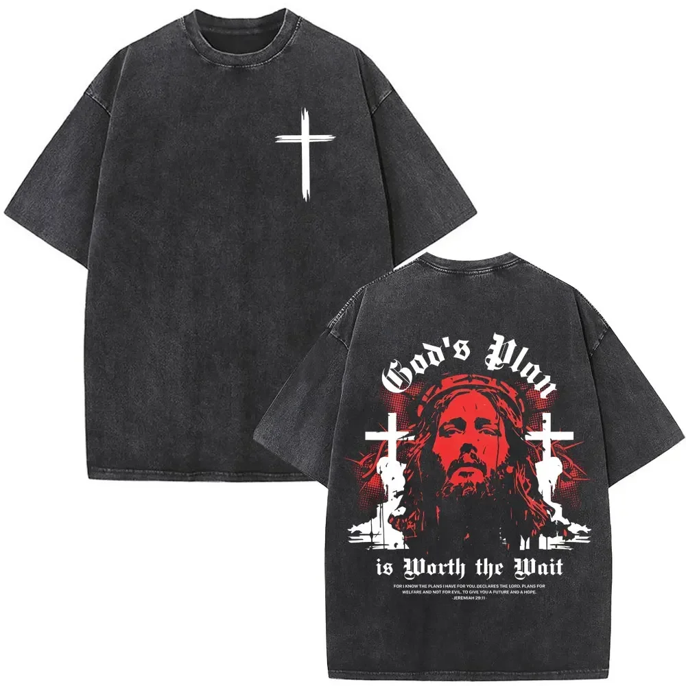 

Jesus Christian God's Plan Is Worth The Wait Bible Verse Washed T-shirt Men Women Casual Vintage T Shirts Male Fashion Tshirt