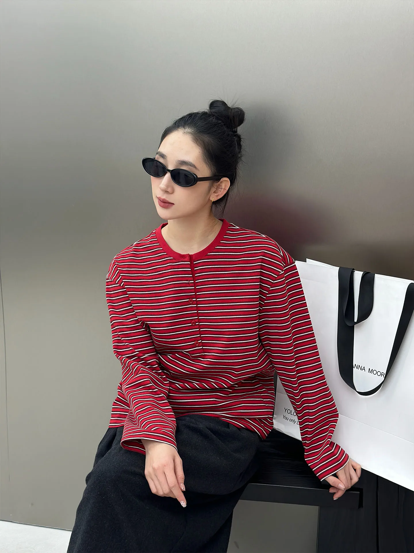 

Retro Striped Loose Fit round Ne f Open Jaet Women's T-irt Cotton Long Sve Breathable Comfortable Casual Top