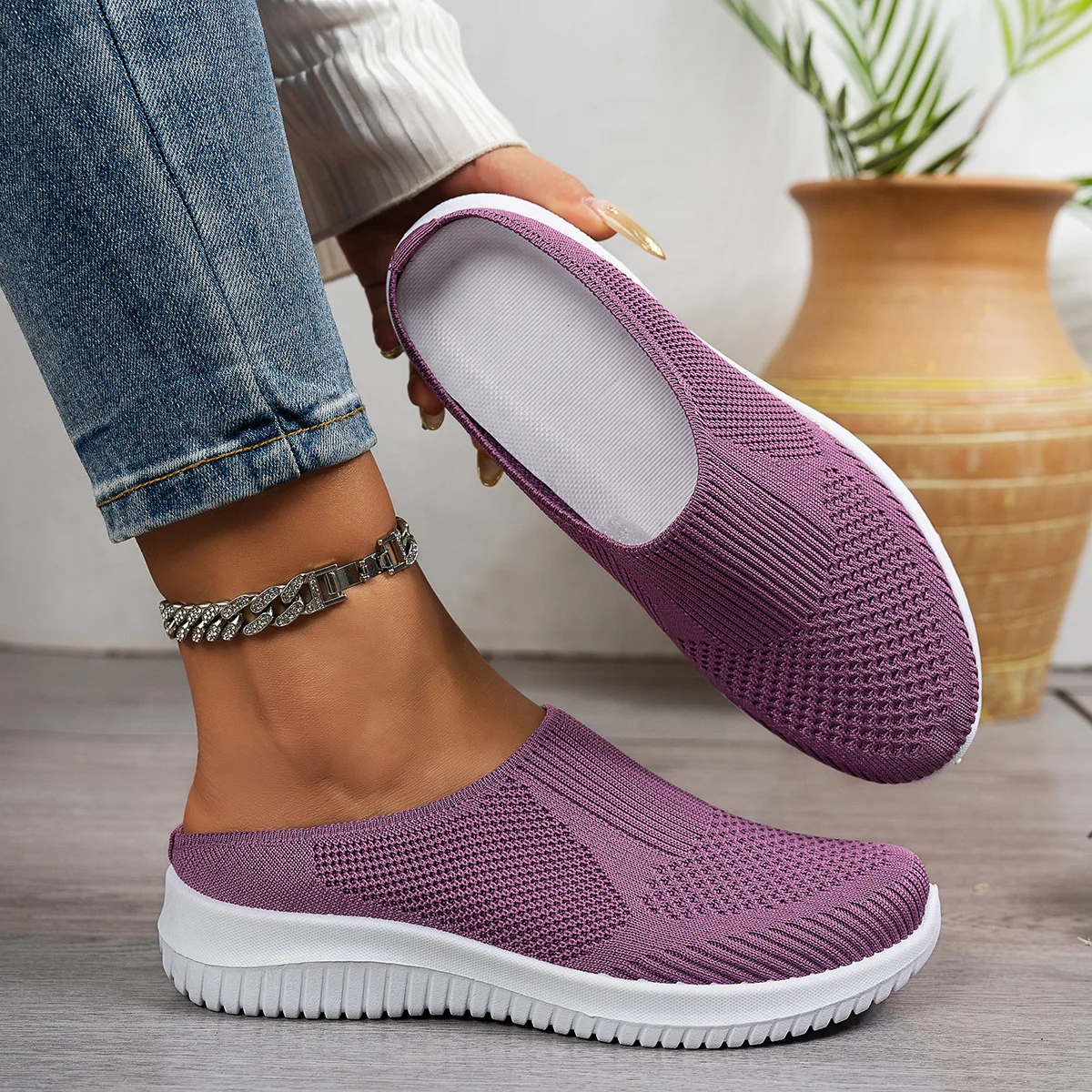 Polyester Rückenfreie Slip-On Mules für Damen, Atmungsaktiv, Rutschfest, Weiche EVA-Einlegesohle, Niedriger Absatz, Tägliche Geh- und Freizeitschuhe – Detail 5