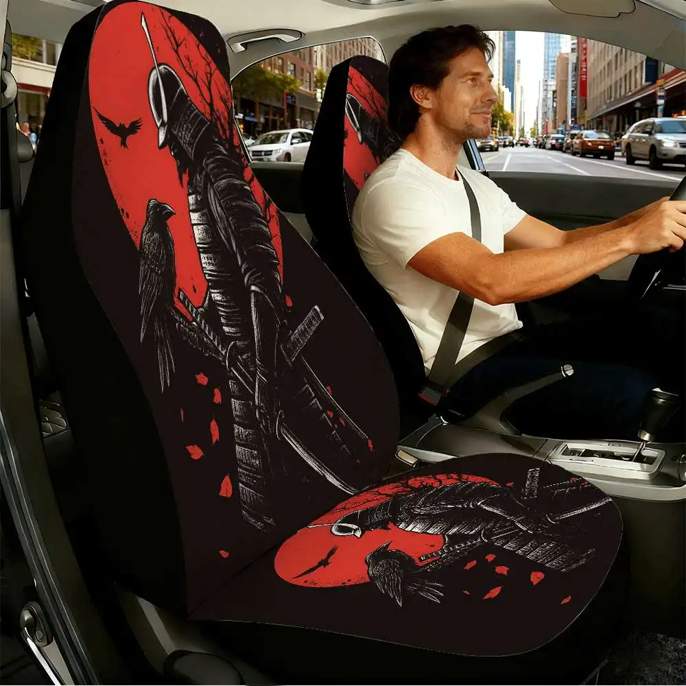 Set Of 2 Samurai Warrior Car Seat Covers Featuring A Raven Design, Ideal For Front Seats. They Have A High Back Style And Are Ma