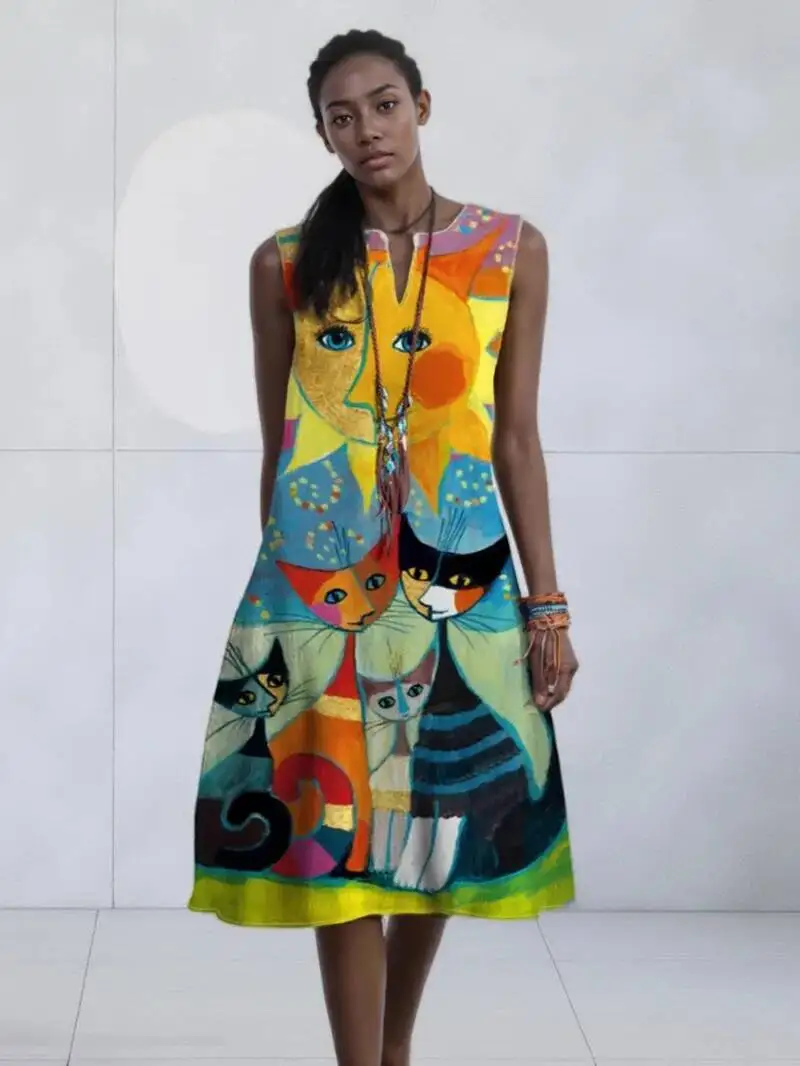 2025, europäisches und amerikanisches grenzüberschreitendes neues Damenkleid mit V-Ausschnitt, ärmellos, sexy bedruckt, großer Saum, Außenhandelskleid LM4V