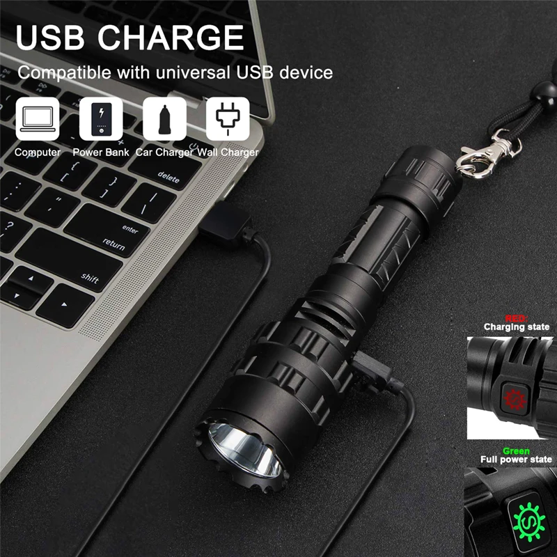 Powerful L2 LED Flashlight USB Rechargeable Flashlight White/Red Light Emergency Flashlight Waterproof Torch Tactical Flashlight