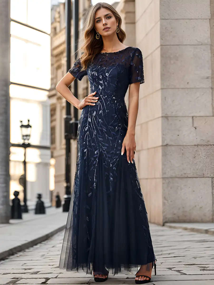 

Elegant Evening Dresses Round neck Floor length 2025 Ever Pretty of Sequin Navy Blue Shiny Fishtail Tulle Dresses for Party