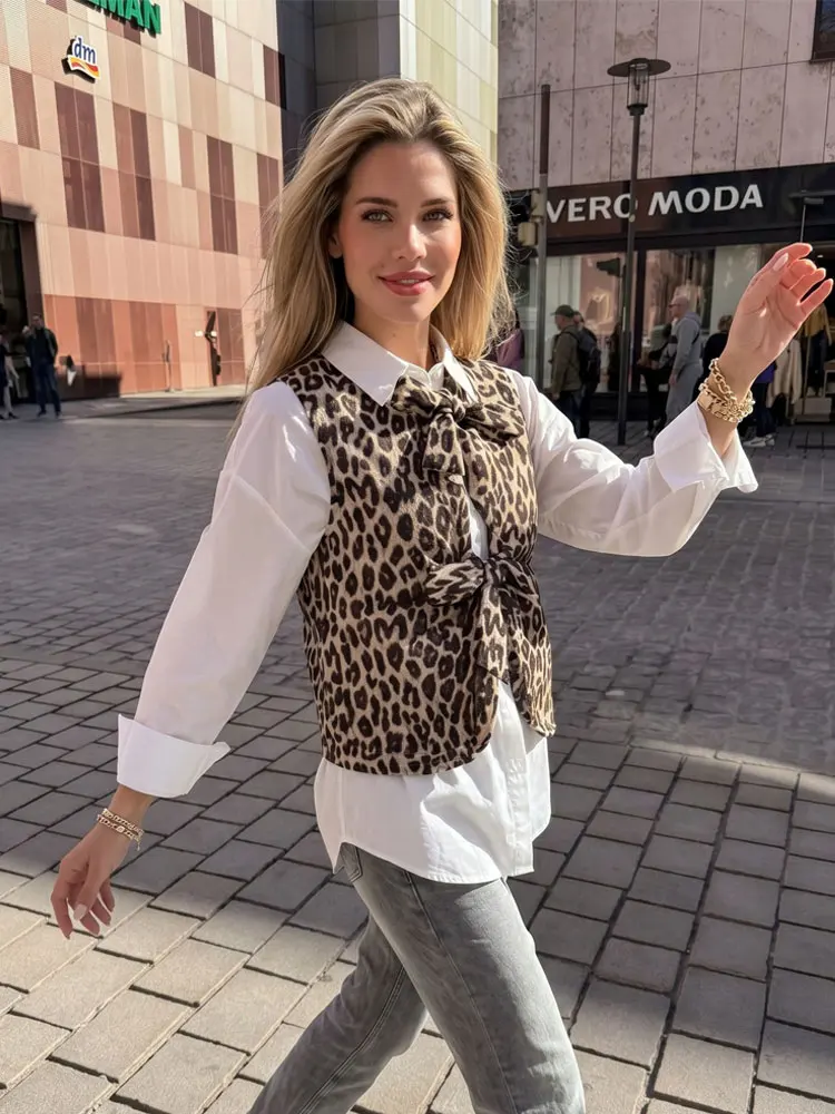 HH Women Print Vests Leopard Casual V Neck Tie Front Lace-up Waistcoat Trendy All-match Spring Female Party Street Chic Vest Top