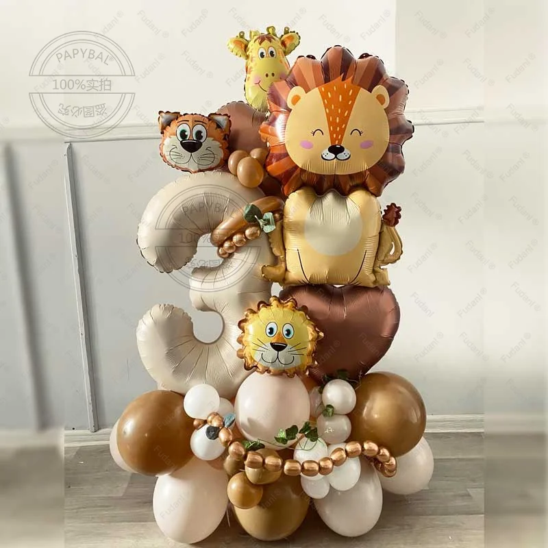 42-teiliges Dschungel-Safari-Tier-Löwen-Thema 40 Zoll 1-9 Cremeweiße Zahlenballons Party-Deko Folien-Latexballons Geburtstagsgeschenk für