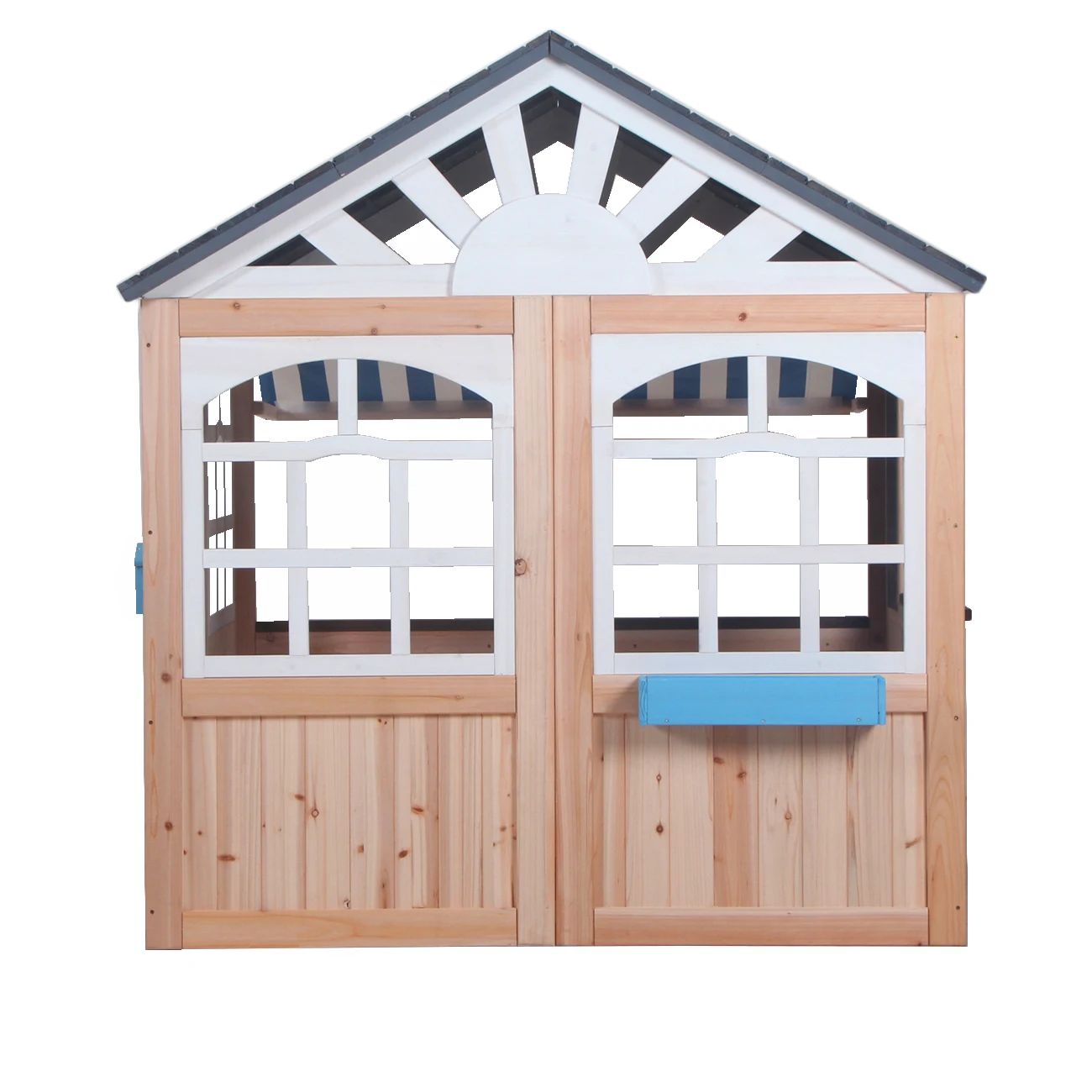 

Easy Installation Outdoor Wooden Playhouse For Kids Game with Mailbox Picket Fence Serving Station and Bench