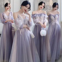 New Purple Bridesmaid Party Dresses Sister Group Long Sleeve Elegant Tulle A-line Dress Prom Gown Formal Evening Vestidos