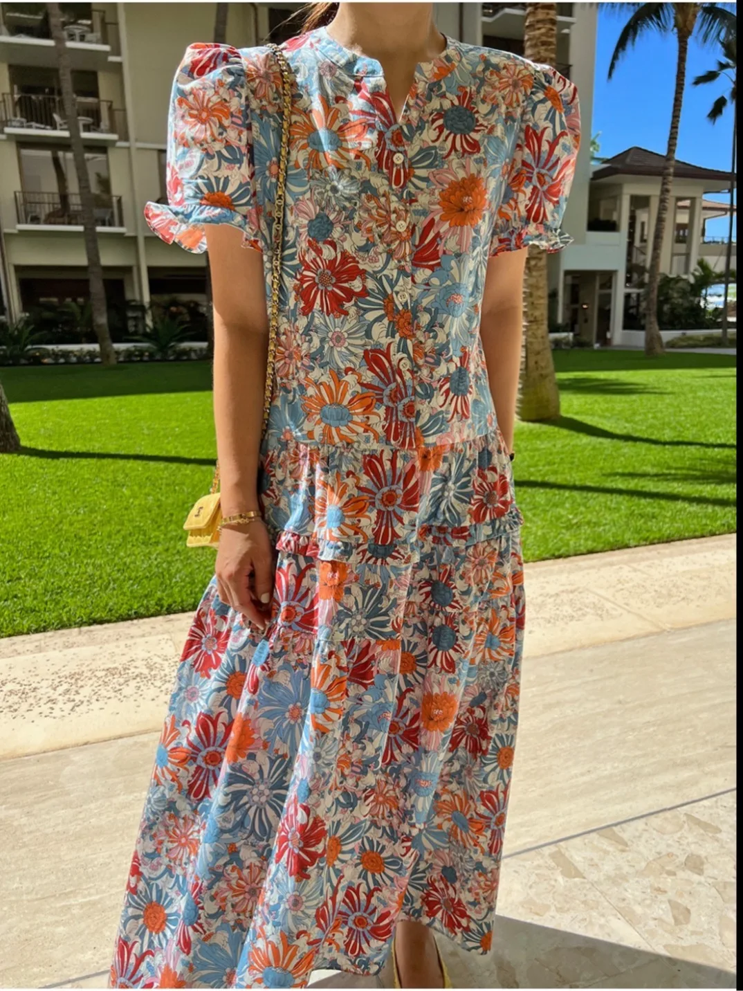 

Ele Summer Vintage Floral Print Loose Bubble Sve ter Ne Splice Long Dr Chic Women's Clothing ort Sve Dr