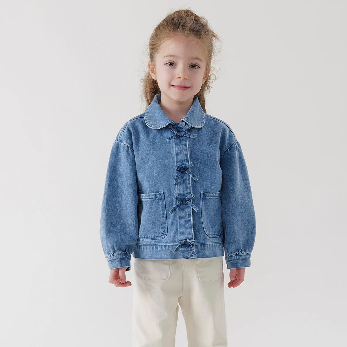 MARC&JANIE Girls Soft Denim Jacket Children's Cotton Bow Lapel Top for Spring 240051