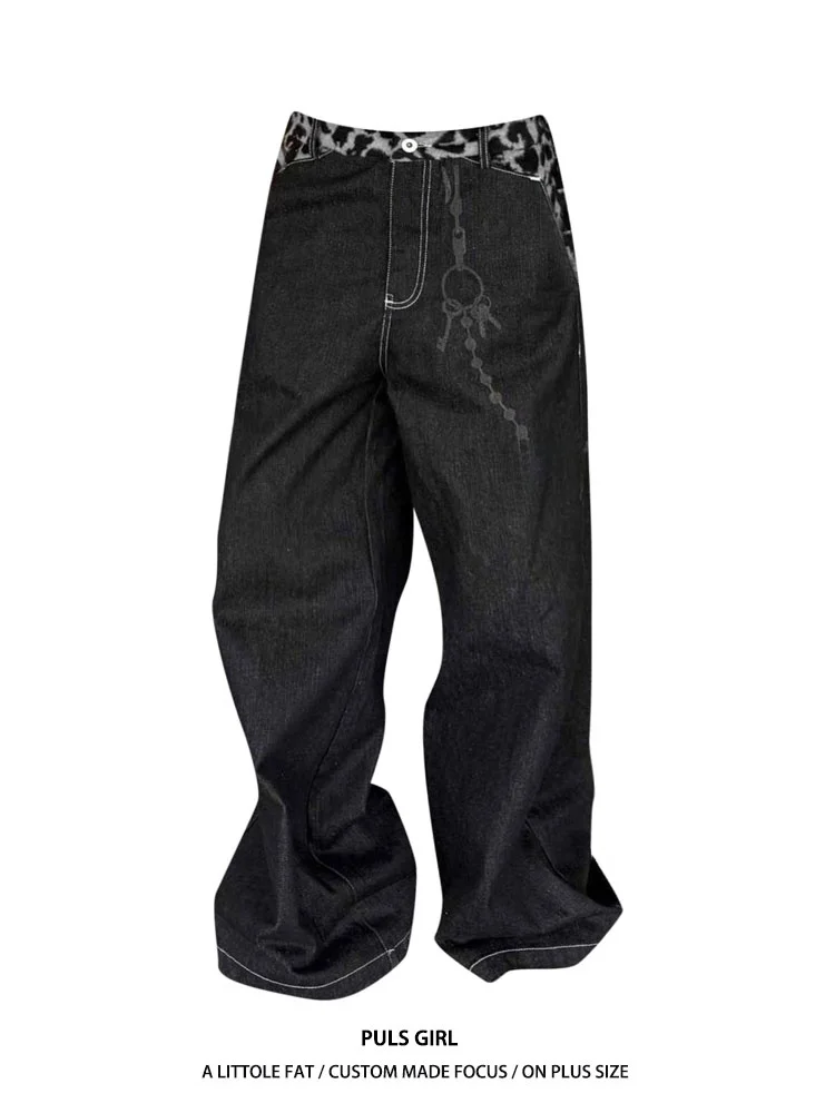 

High Waist Wide Leg Leopard Print Patchwork Denim Jeans Women's Autumn Winter Loose Drapey Wide Leg Trousers Street Style