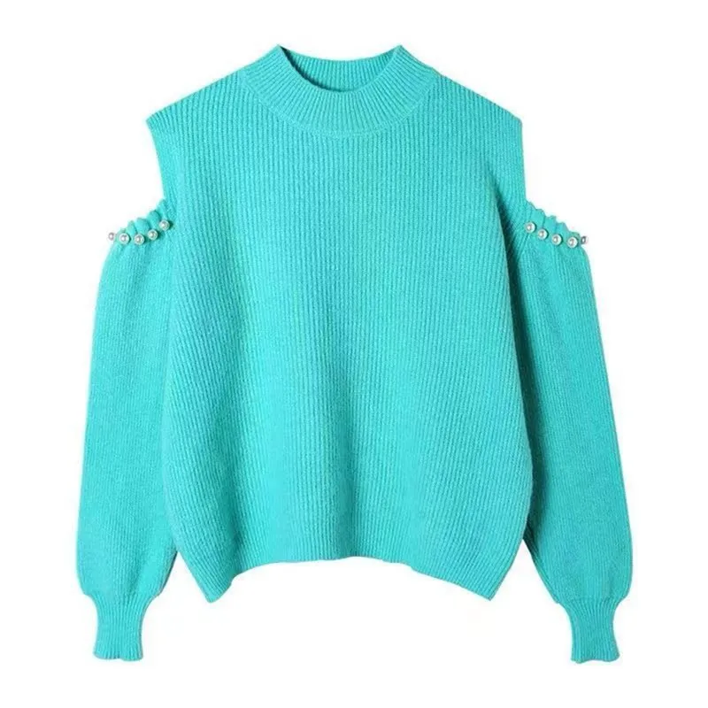 

High Street Off Shoulder Beaded sweater Women's New Autumn Solid Color Mock Neck Fashion Soft And Waxy Knitted Pullover Top s433