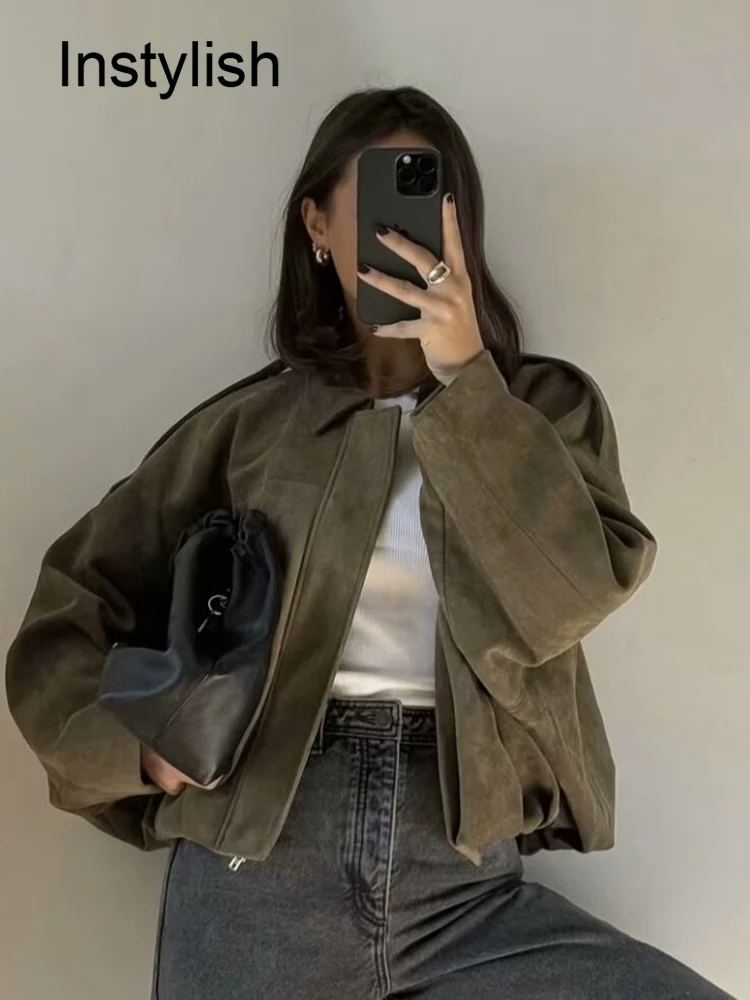 

Женская коричнево-зеленая замшевая куртка, свободная повседневная куртка-бомбер с лацканами на молнии и длинными рукавами, винтажная женская мотоциклетная верхняя одежда