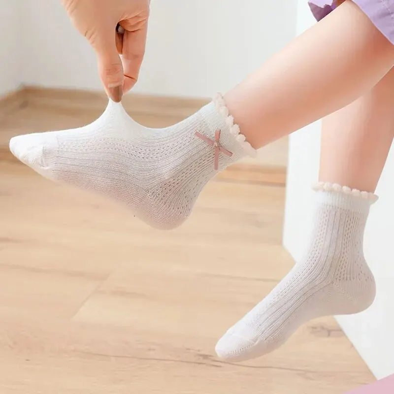 Lot de 5 paires de chaussettes mignonnes pour enfant, en coton, solide, princesse, décontracté, maille fine, fleur, dessin animé, été