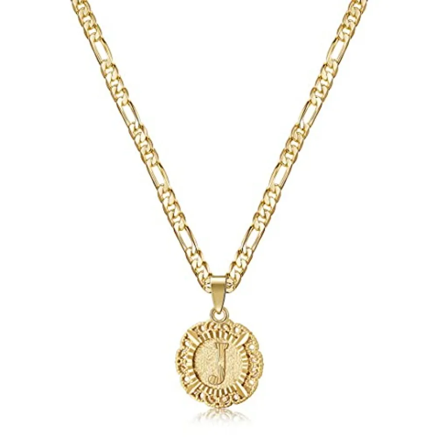 

KissYan Initial Necklaces for Women, 14K Plated Round Letter Pendant Capital Monogram Necklace Alphabets from A-Z Figaro Chain