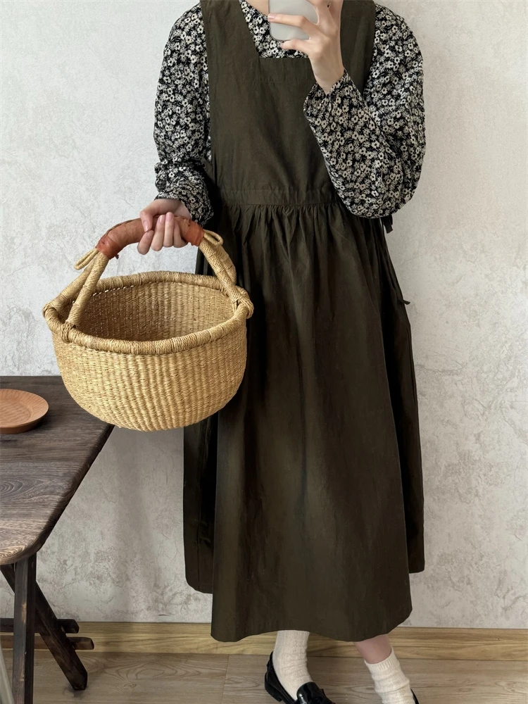 

High-Tead Count Cotton Vest Dr Overlap een Gold Loose Fit Midi Dr Spring Autumn Color Ladies Skirt