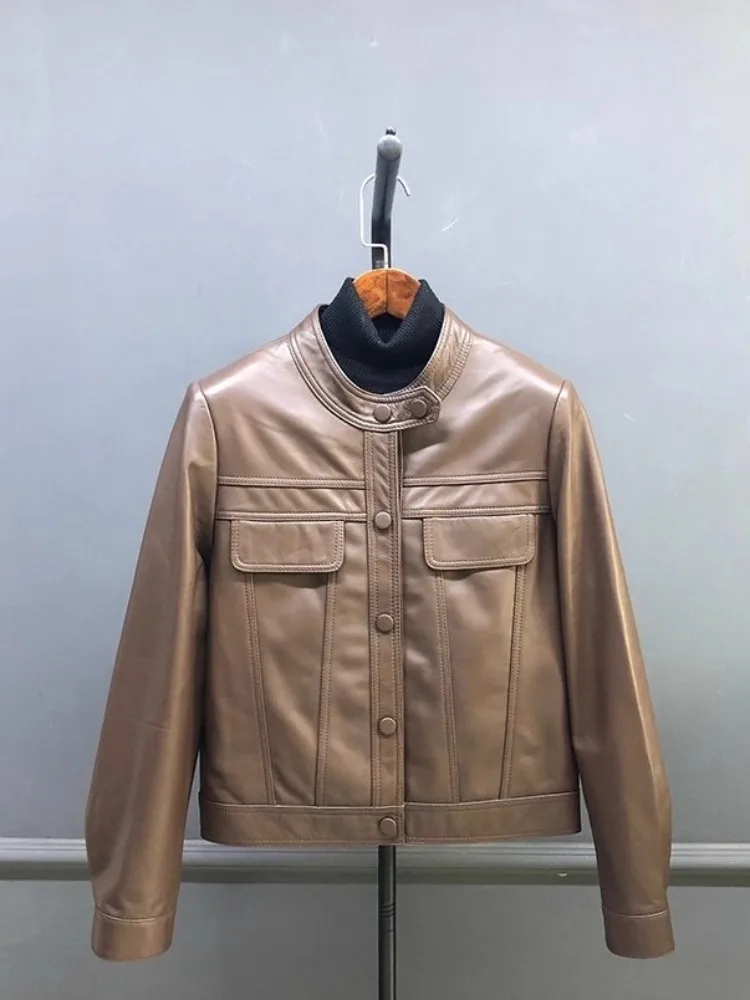 Damska kurtka motocyklowa ze skóry naturalnej ze stójką, codzienna, jednolita, wiosenno-jesienna, z długim rękawem, krótka kurtka z prawdziwej skóry owczej.