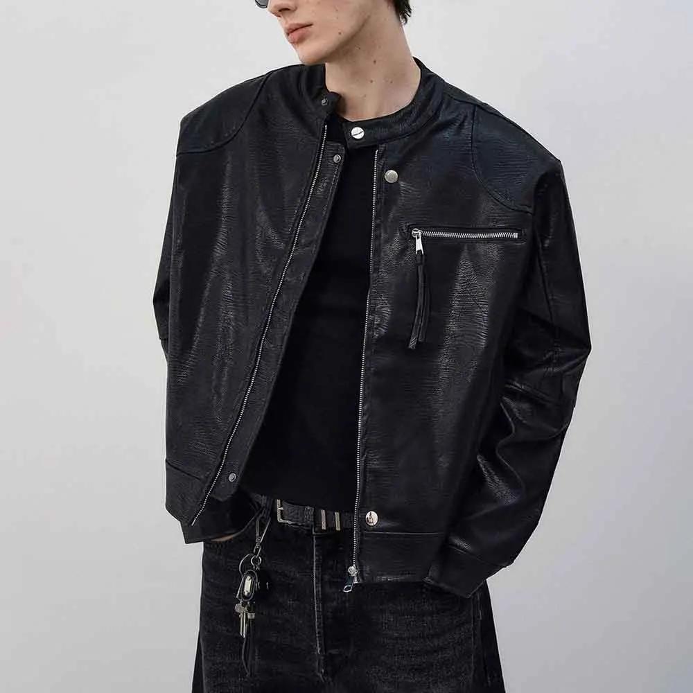 

2025 Winter Men's Solid Color Long-Sleeved Leather Jacket American Retro Fashion Trendy High Street Loose Casual Niche Men's Top