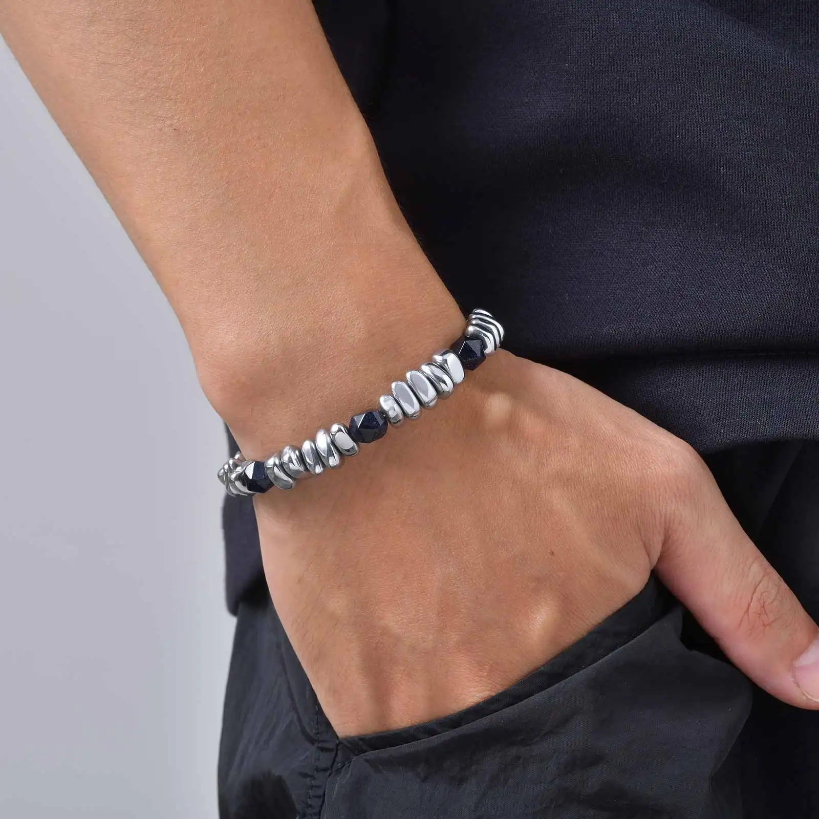 Vnox Naturstein-Perlenarmband für Herren, Edelstahl-Mehrschichtkette, Tigerauge, Obsidian, verstellbarer Armschmuck, Geschenk – Detail 1