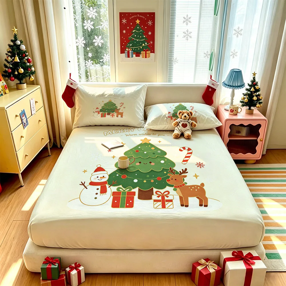 3PCS Christmas Tree Snowman Reindeer Print Duvet Cover Set Soft No Filling 1 Duvet Cover 2 Pillowcases Machine Washable Holid