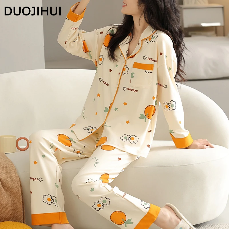 DUOJIHUI Chic Print Spell Color Casual Home Pajamas for Women Basic Button Cardigan Loose Pant with Chest Pad Female Pajamas Set