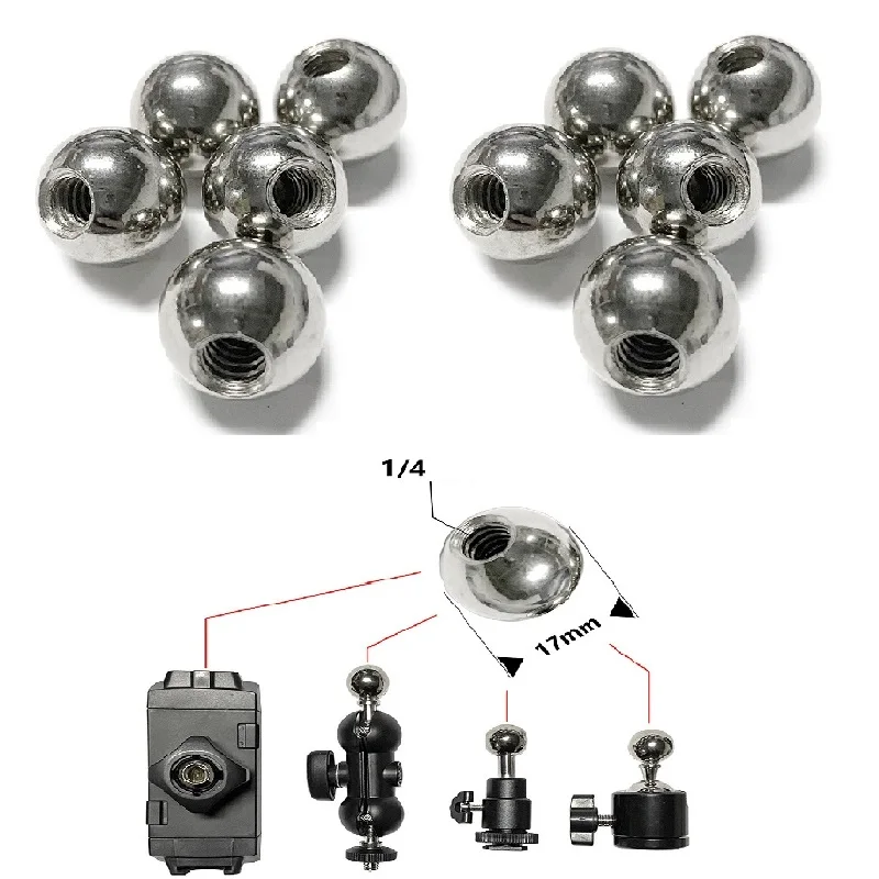 10er-Pack 17-mm-Kugelkopf mit 1/4-Zoll-Gewinde, Schraubsockel, drehbarer Kugelgelenkadapter aus Edelstahl, Konverter für Klemmkamera
