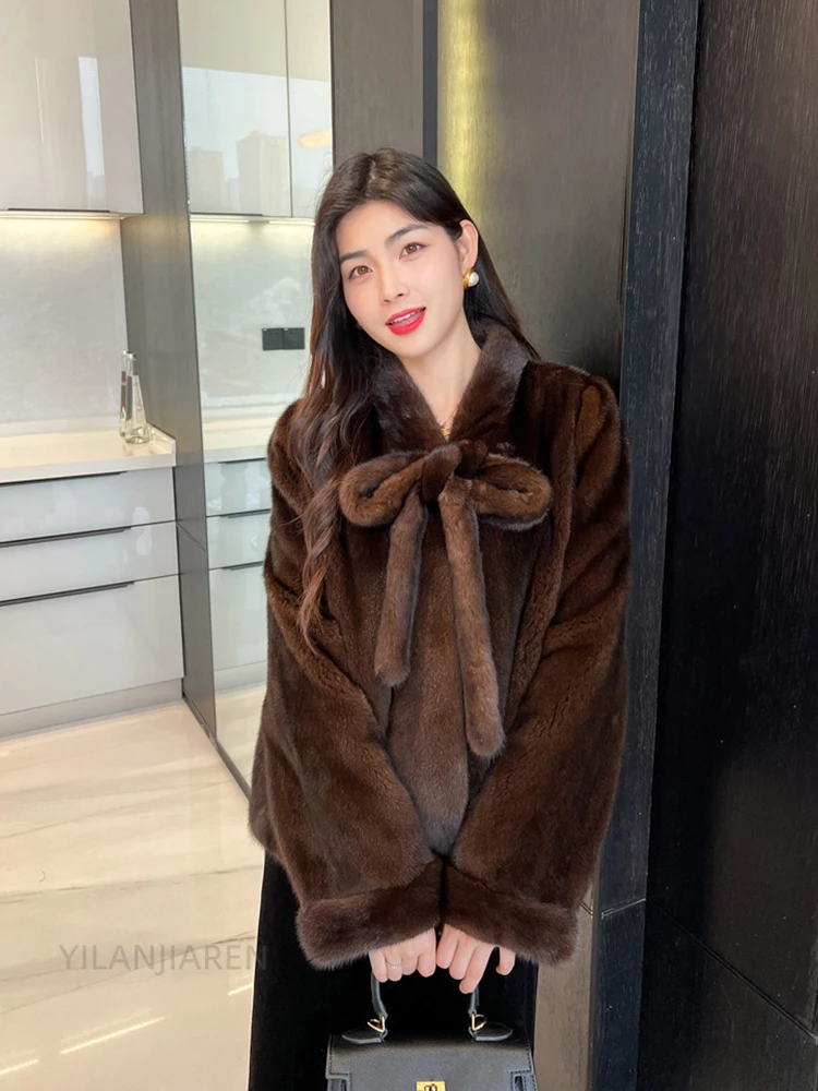 

Lautaro осень зима густая теплая короткая коричневая мягкая шуба из искусственной норки женская с бантом с длинным рукавом элегантная роскошная дизайнерская верхняя одежда женская пушистая куртка 2025