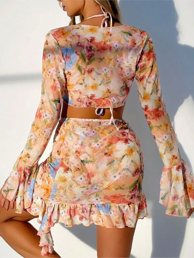 2025 Sexy Vier-stück Frauen Badeanzug Langarm Cover-up Bademode Sommer Solide Bikini Set Brasilianische Bademode Party Badeanzug