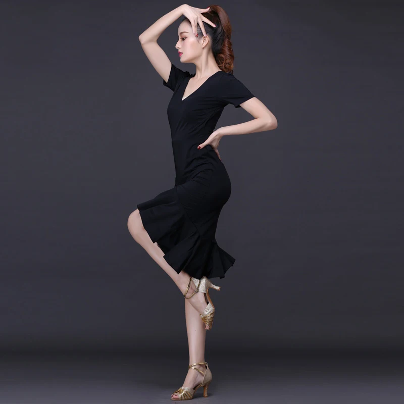 Large Size Latin Dress Dance Female Spring and Summer New Sexy Slim Short Sleeve V-neck Line Dance Clothing Lotus Skirt Dress