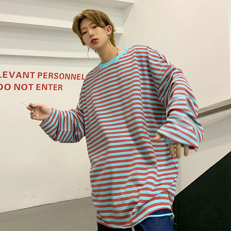 

Striped Print Men Long Sleeve Pullovers Summer Fall Teenagers Ripped Hole Fashion Hip Hop Punk Oversized Clothing Daily Travel