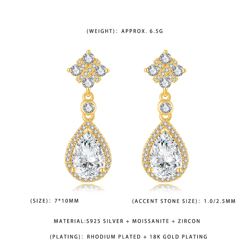 

Elegant Teardrop Moissanite Dangle Earrings 7*10mm S925 Silver 18K Gold Plated for Party