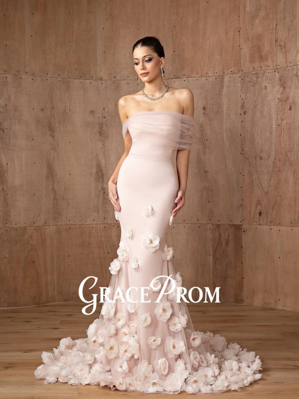 

GraceProm Romantic Blush Tulle Evening Dress Off-Shoulder Floral Appliques Floor-Length Red Carpet Gown Formal Party Gown