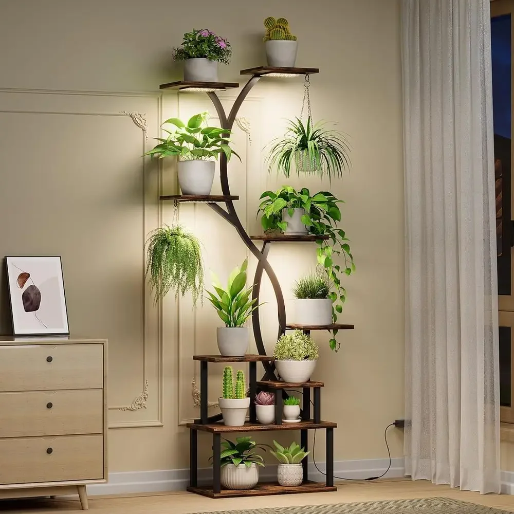 9-Tier Wooden Indoor Plant Stand with Grow Lights, 62 Tall, Suitable for Multiple Pots, Ideal for Living Room or Patio