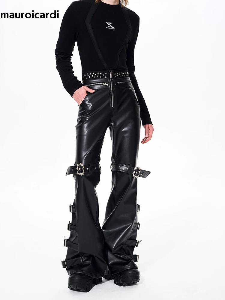 Mauroicardi Spring Autumn Cool Handsome Long Black Pu Leather Flare Pants for Men Rivet Luxury Designer Alternative Emo Clothes