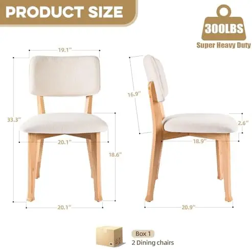 Wooden Dining Chairs Set of 2, Mid Century Modern Kitchen Chairs with Fabric Upholstered and Curved Backrest for Dining