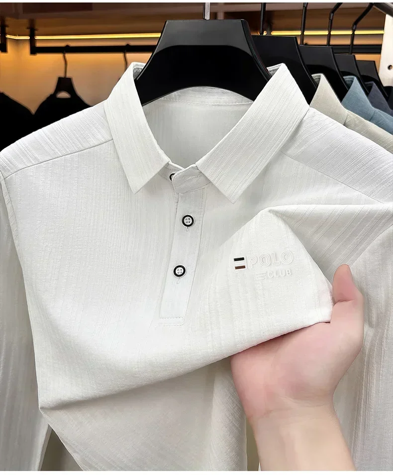Brandneues Herren-Poloshirt mit Print, Herbst, einfarbig, langärmelig, Arbeitsoberteil, Herren, Business, formelle Arbeitskleidung, Hemden für den Frühling. – Detail 27