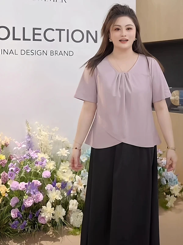 

plus Size Women's T-Shirt V-Neck Short Sleeve Asymmetrical Design Summer Slimming Versatile Top Korean Style Straight Cut Hig...