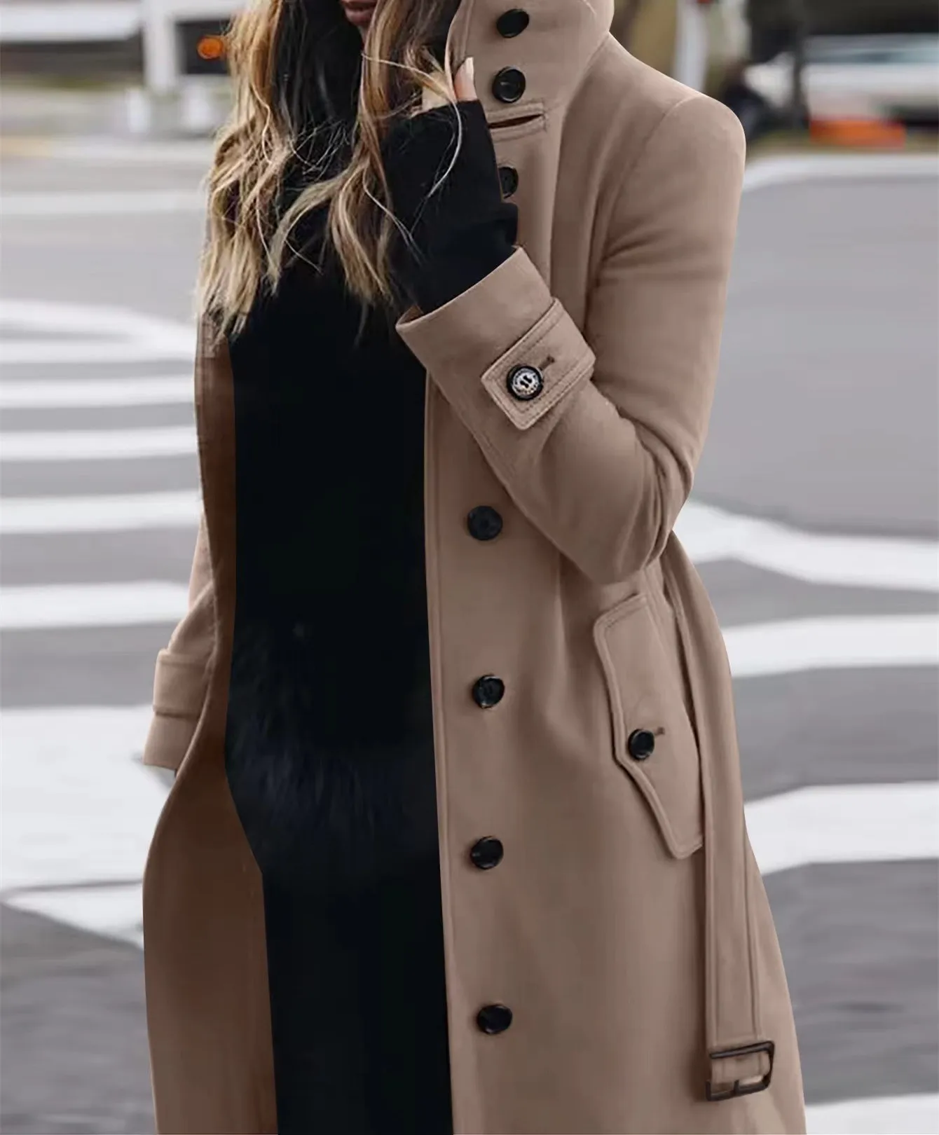 

Новое модное осенне-зимнее повседневное однобортное однобортное пальто с отложным воротником и длинными рукавами, свободное пальто из шерсти и смесовой ткани на шнуровке