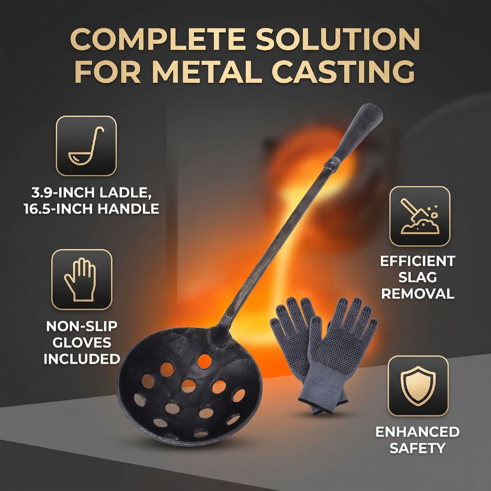 Casting Slag Removal Skimmer Ladle Casting Slag Skimmer with Non Slip Gloves 3.9 Inch Skimmer Ladle 16.5 Inch Handle for Metal