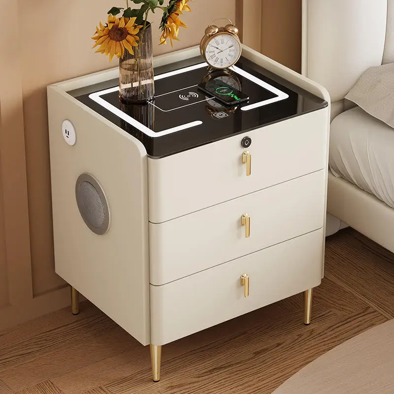 منضدة ذكية بيضاء، طاولة بجانب السرير خشبية مع وظيفة شحن لاسلكية وقفل بصمة الإصبع وخزانة بجانب السرير #6