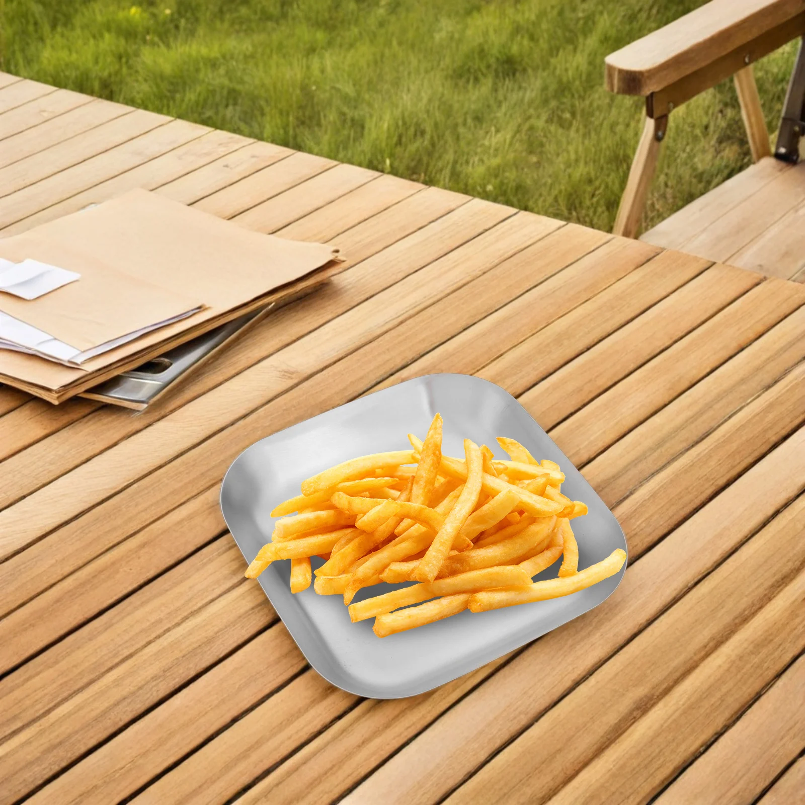 Placa cuadrada de acero inoxidable, plato de Metal duradero para acampar, barbacoa, servir patatas fritas, pollo frito, carne a la parrilla al aire libre, 1 ud.