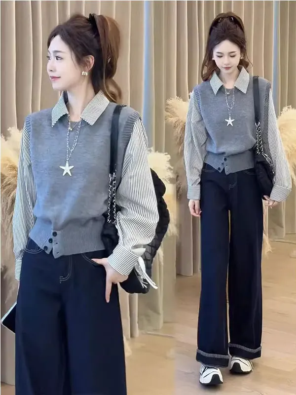 Spring 2026 Women's Knitted Long Sleeve Shirt Trendy Striped Patchwork Outerwear  Collar Regular Length Commute Style