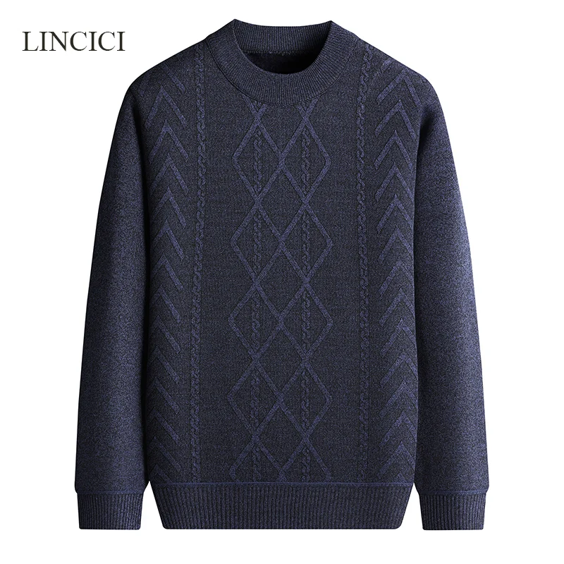 2024 Winter Plush Men\'s Knitted Sweater Round Neck Thick Bottom Warm Solid Color Versatile Casual Inner Layer Sweater