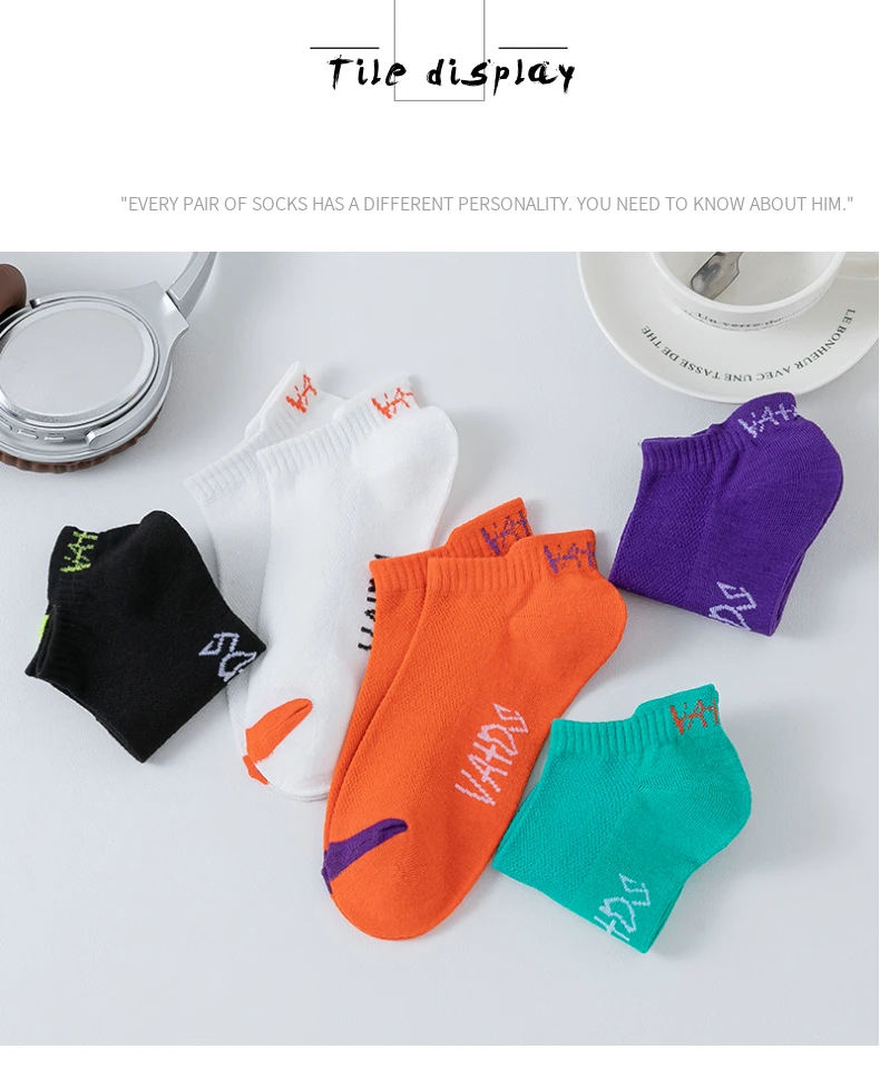 5 Paar bunt gefärbte Knöchelsocken für Herren, atmungsaktiv, modisch, lässig, Street-Style, desodorierend, unsichtbare Reise-Laufsocken – Detail 9