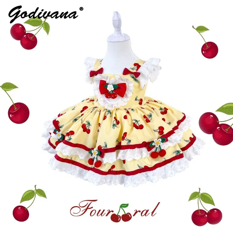 

Original Lolita Princess Tutu Dress Little Girls Birthday Party Ball Gown Cute Baby Girls Cherry Print Bow Jsk Handmade Dress