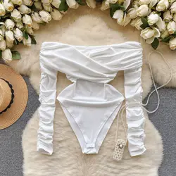 Foamlina Casual Women White Bodysuit New Spring Summer Sexy Slash Neck Off Shoulder Long Sleeve Slim Stretch Body Tops T Shirts