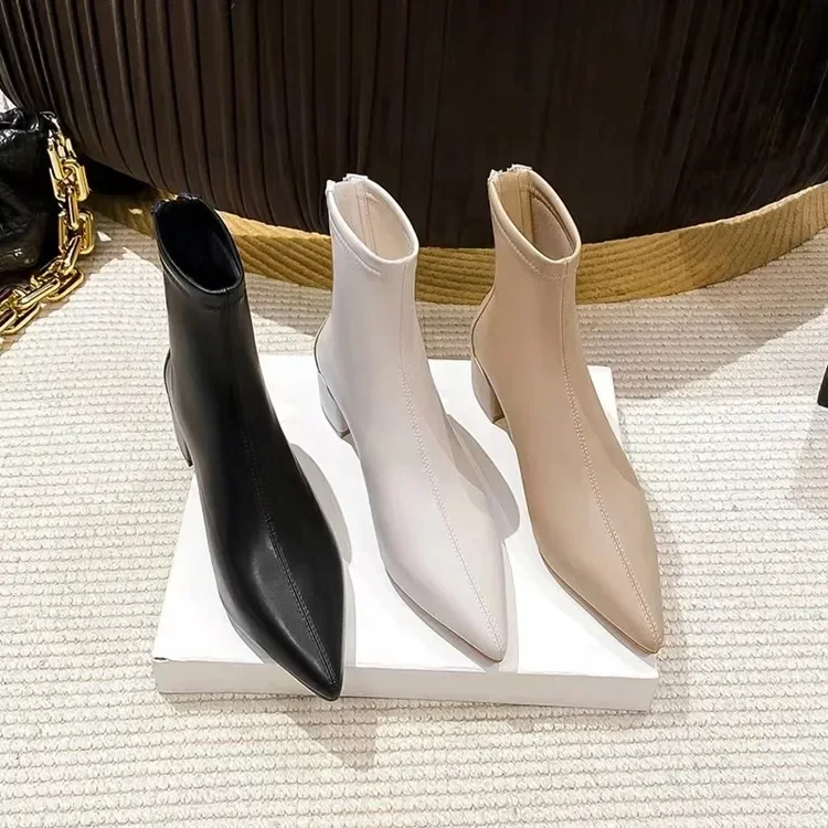 

Pointed Toe Women's Ankle Boots Fashion Back Zippers Short Botas Ladies Elegant Square High Heel Winter Women's Footwear 2024