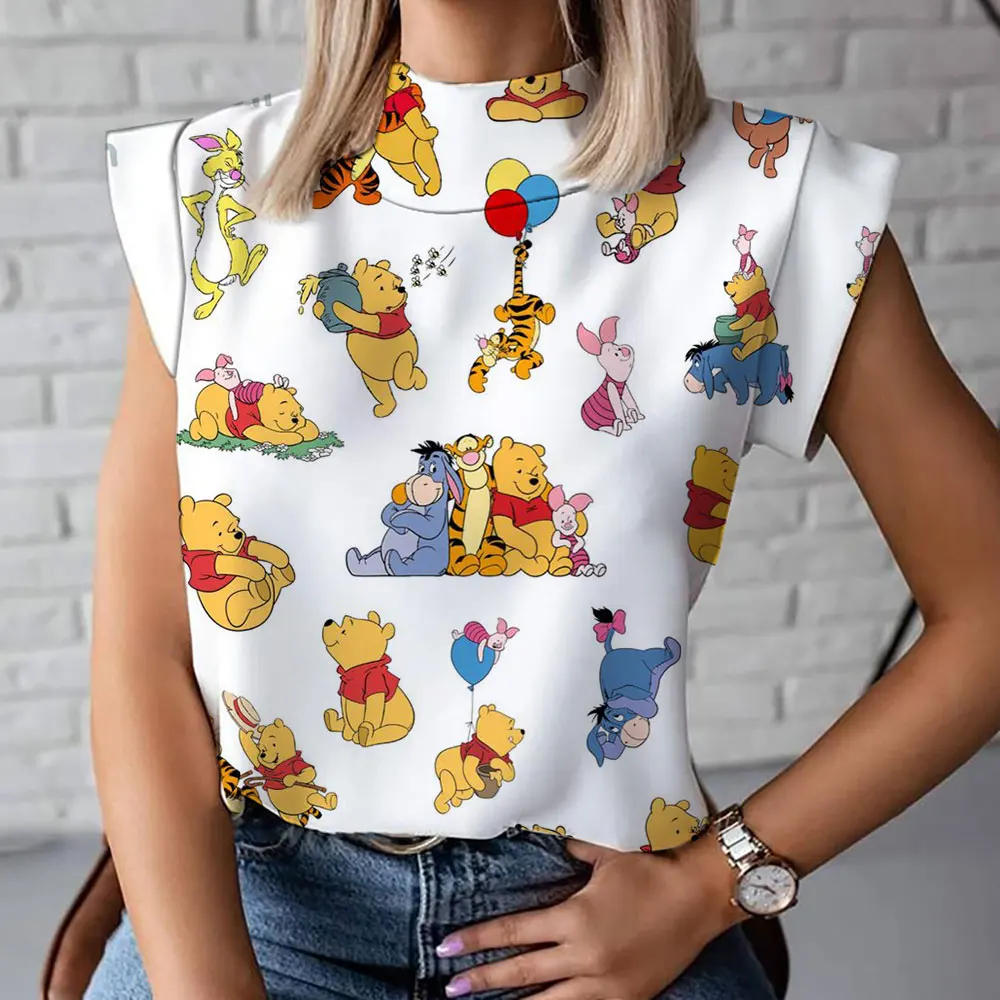 Kaus kerah tinggi lengan pendek wanita, T-shirt kerah tinggi modis dan nyaman kasual lengan pendek kartun Winnie the Pooh baru