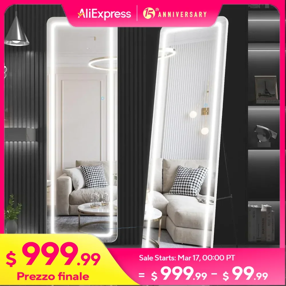 63"x20" Full Length Floor Mirror Dimming Lights, Touch Control, Wall Mounted Hanging Mirror, Full-Size Body Lighted Mirror