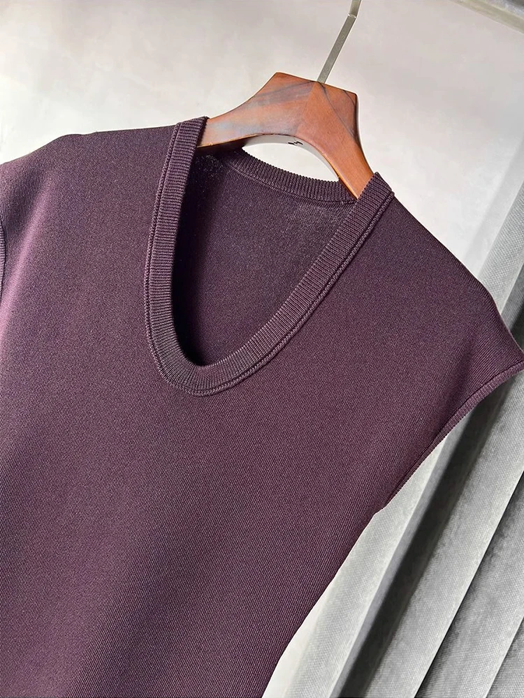 Ijs Zijde Gebreide Mouwloze Tops Zomer Chic Dunne Vrouwen Top Casual Veelzijdige Slim Fit Korte Mouw T-shirt Koreaanse Stijl Kleding